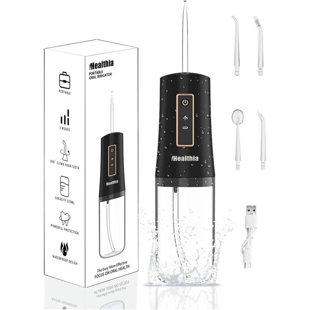 iHealthia portable cordless water flosser front view displaying power buttons and modes