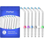FreFeel replacement tips for Waterpik water flosser six count pack front view showing color coded bases.
