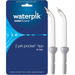 Waterpik Genuine Pik Pocket Replacement Tips front packaging view showcasing two color coded oral irrigator heads
