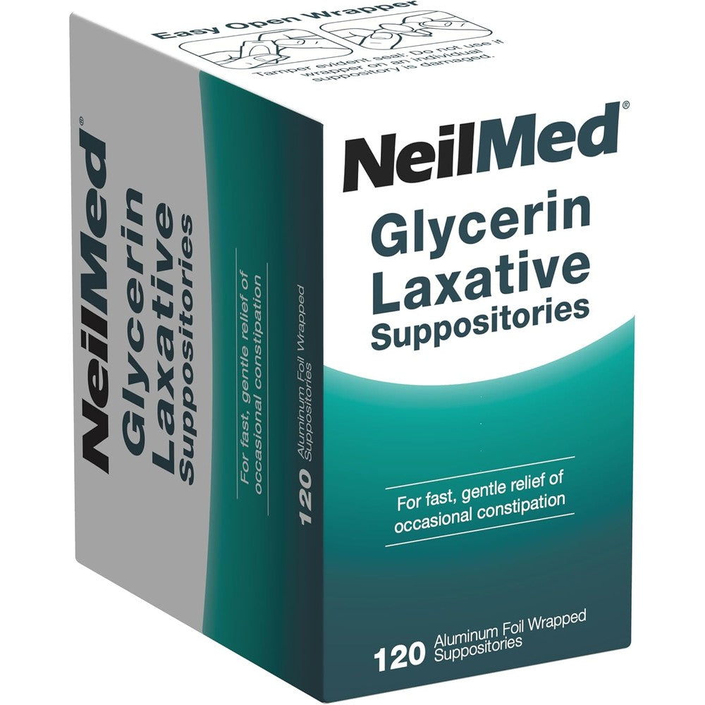 NeilMed Glycerin Laxative Suppositories front box view for fast constipation relief.