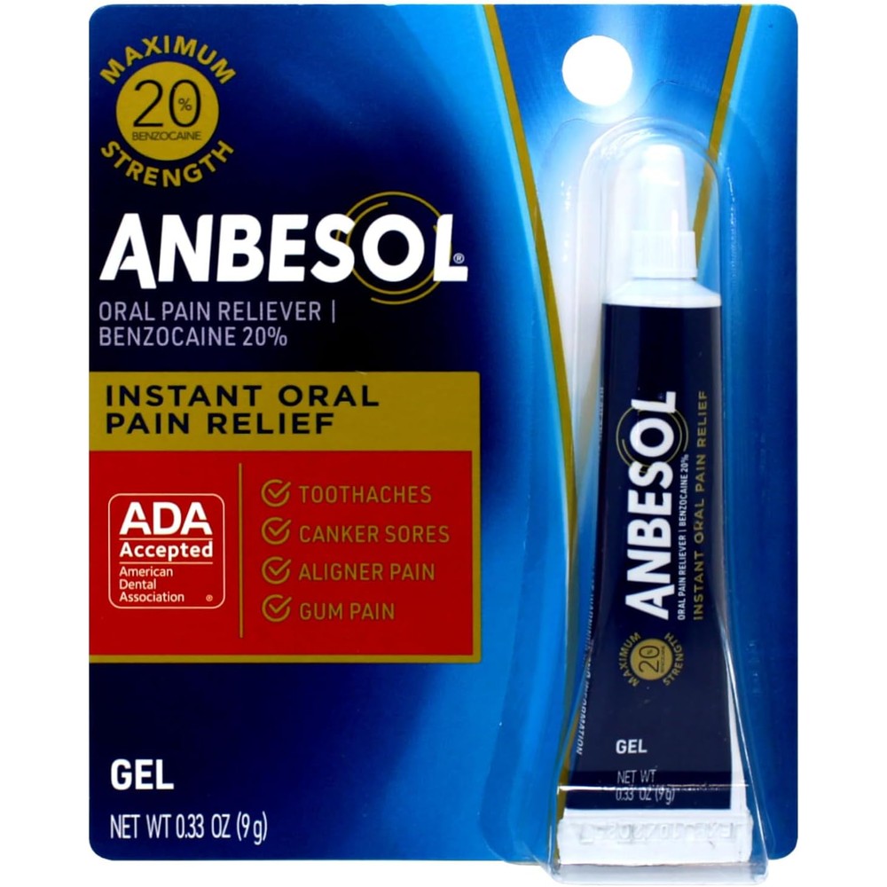 Anbesol Maximum Strength Gel 0.33 ounce tube for instant oral pain relief.