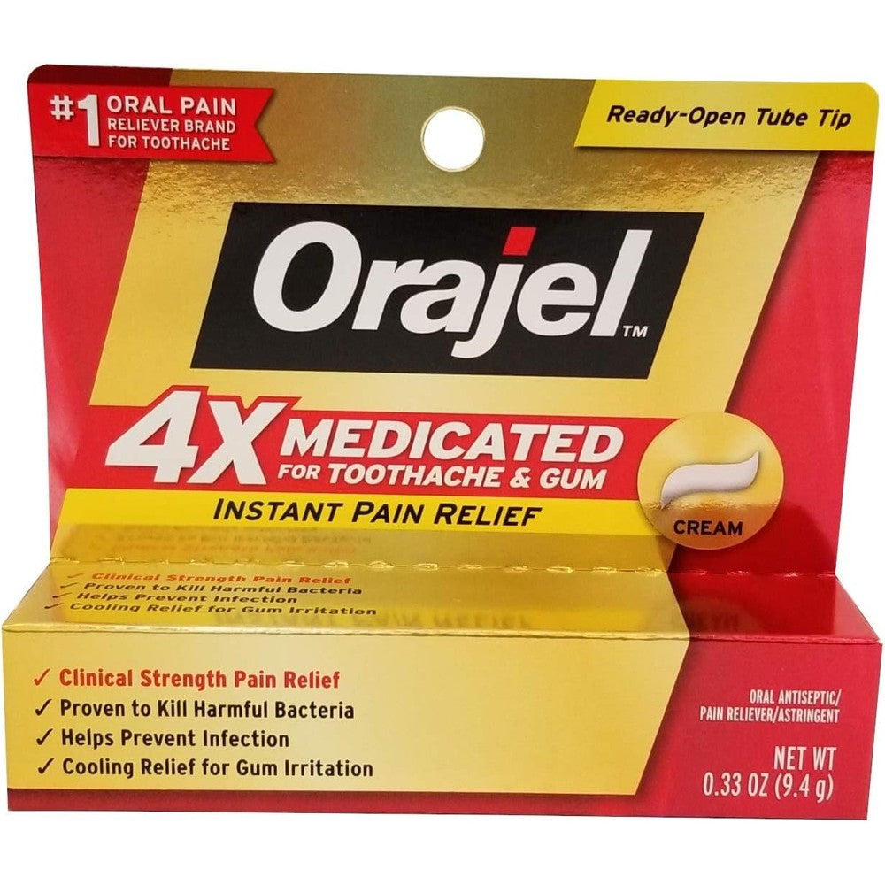 Orajel Instant Pain Relief Toothache and Gum 4X Medicated Cream front view of the clinical strength packaging.