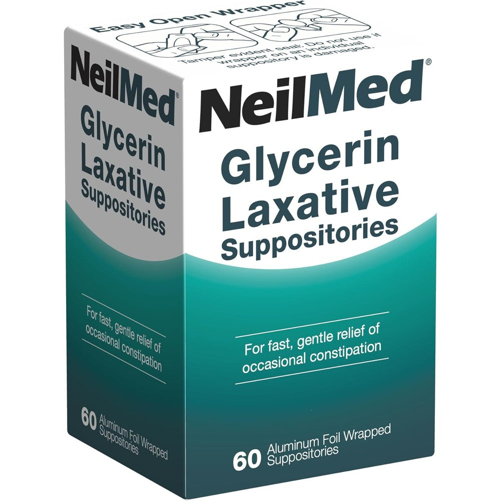 NeilMed Glycerin Laxative Suppositories 60 Count front box view for constipation relief