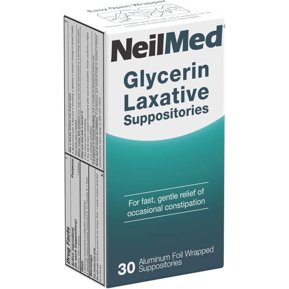 NeilMed Glycerin Laxative Suppositories thirty count front packaging view for fast constipation relief