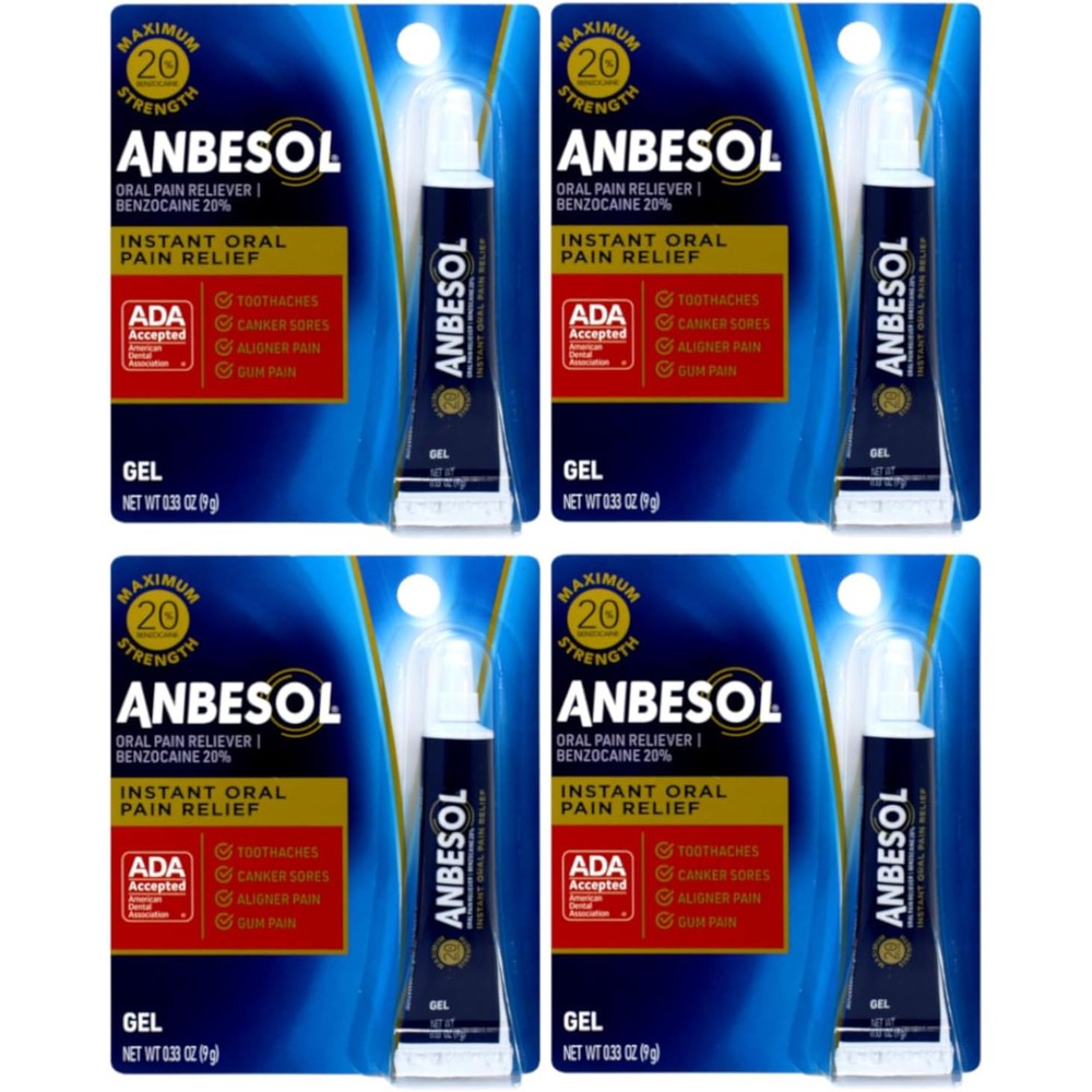 Anbesol Gel Maximum Strength 4 pack front view for instant toothache relief.