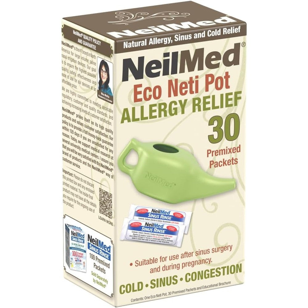 NeilMed NasaFlo Eco Neti Pot front view packaging with 30 sinus rinse packets for natural nasal irrigation.