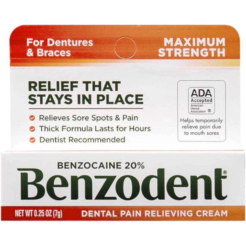 Benzodent Dental Pain Relieving Cream 0.25 ounce tube front view for oral pain relief.