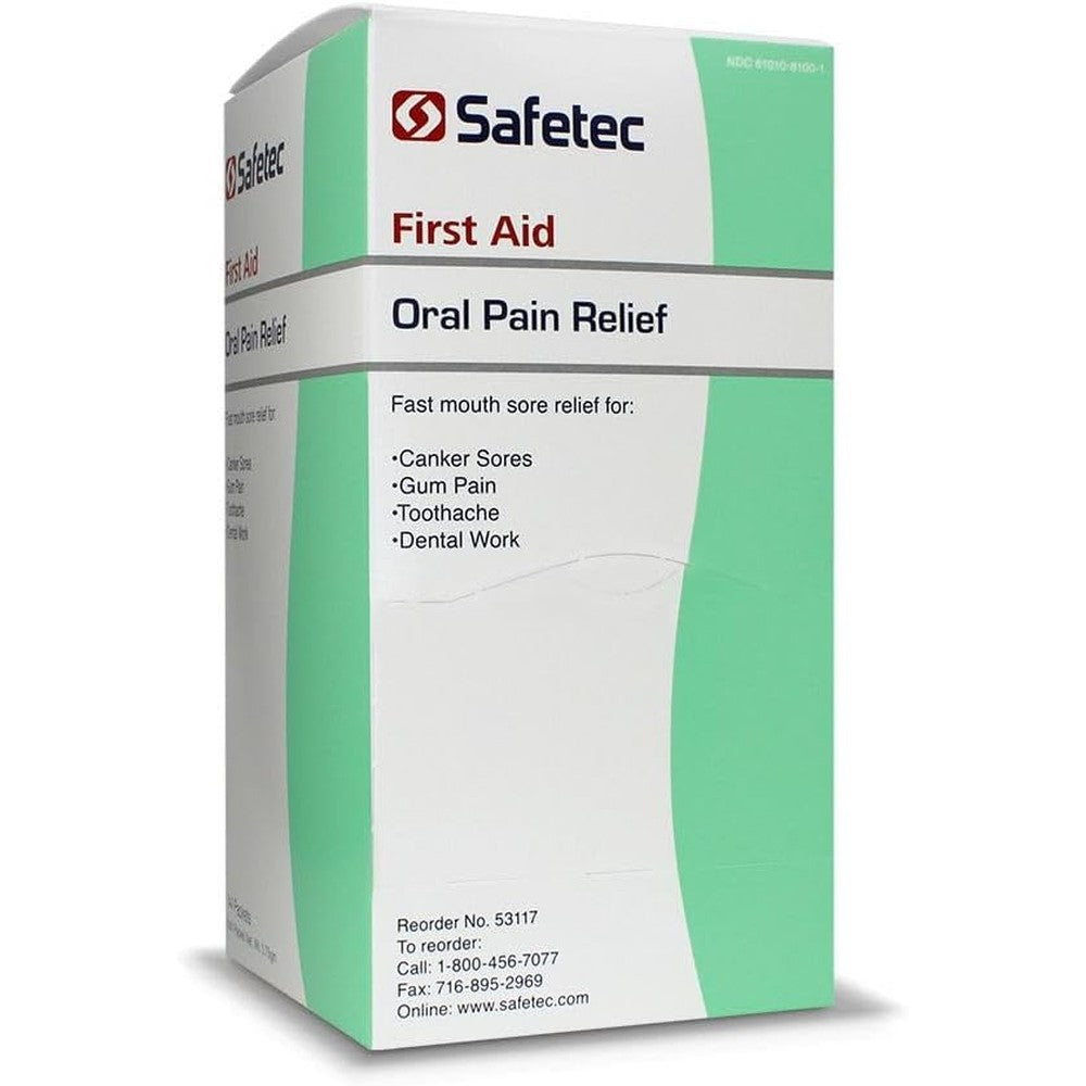 Safetec Oral Pain Relief 144 count box front view for toothache relief