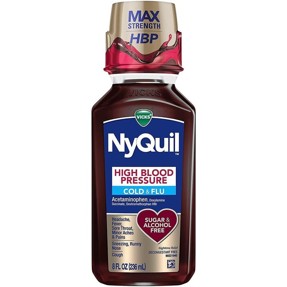 Vicks NyQuil High Blood Pressure Cold and Flu Relief Liquid Medicine 8 fluid ounce front packaging view showing decongestant free formula.