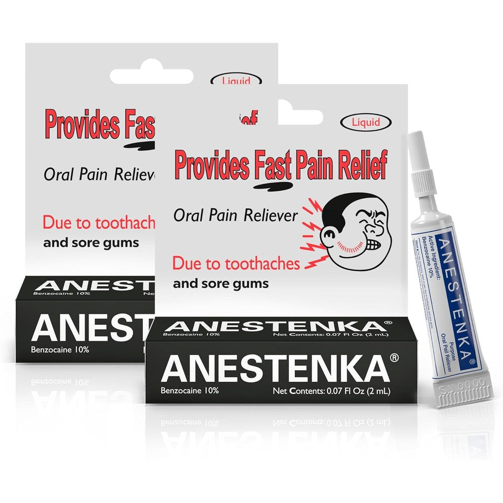 Anestenka tooth pain relief solution front view showcasing the packaging for fast oral numbing