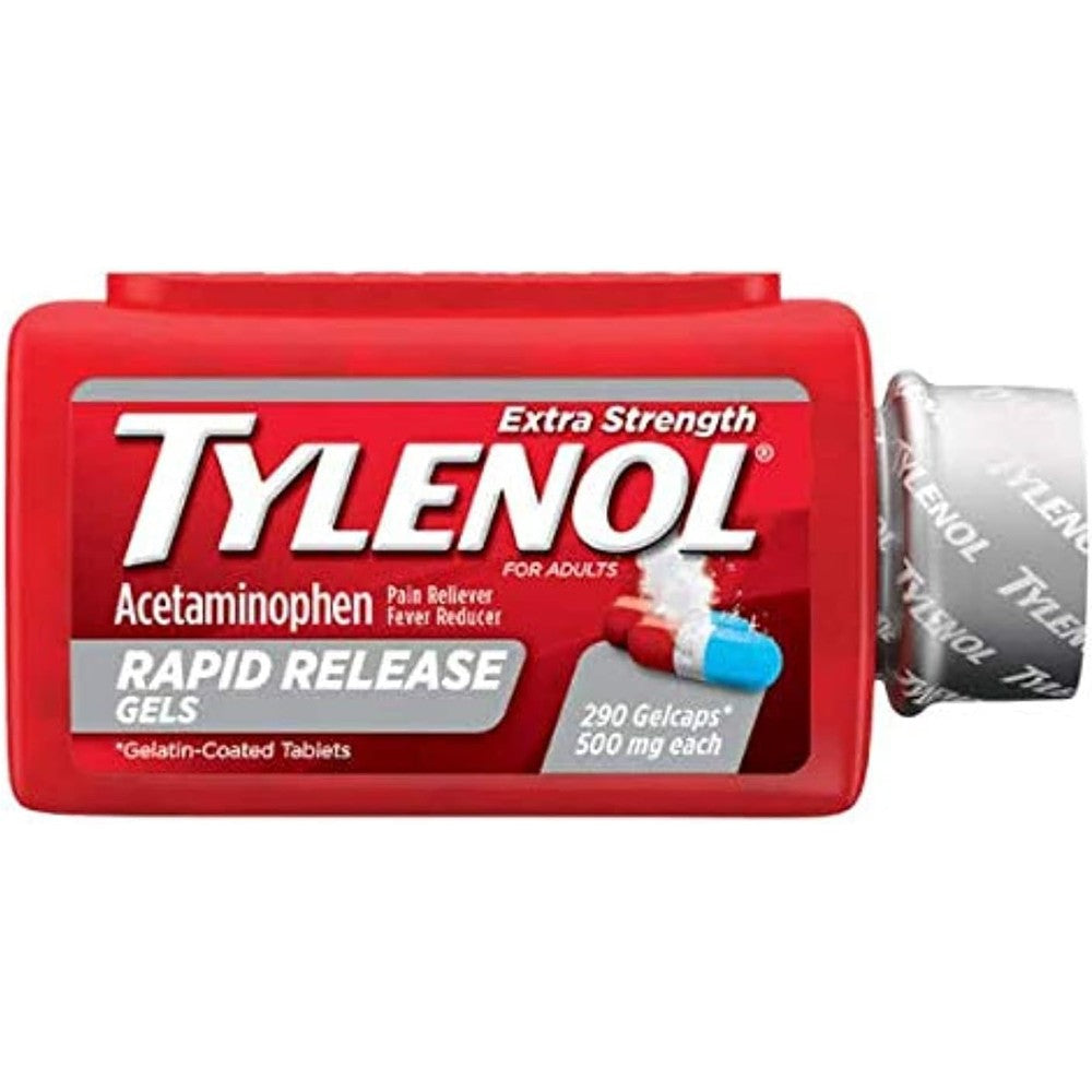 Tylenol Extra Strength Rapid Release Gels 500 mg 290 count bottle front view showing fast-acting pain relief packaging.