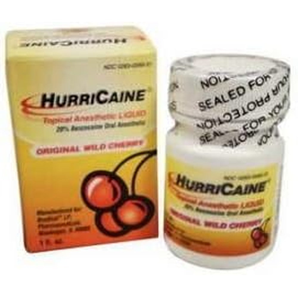 Hurricaine Topical Anesthetic Liquid 20% Wild Cherry 1 Ounce Jar for oral pain relief.