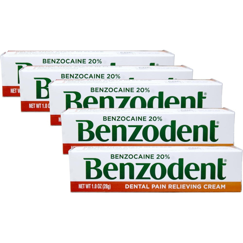 Benzodent Dental Pain Relieving Cream front packaging for oral anesthetic relief
