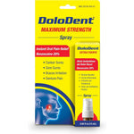 DOLODENT Maximum Strength Oral Pain Relief Spray front view package showing twenty percent benzocaine formula