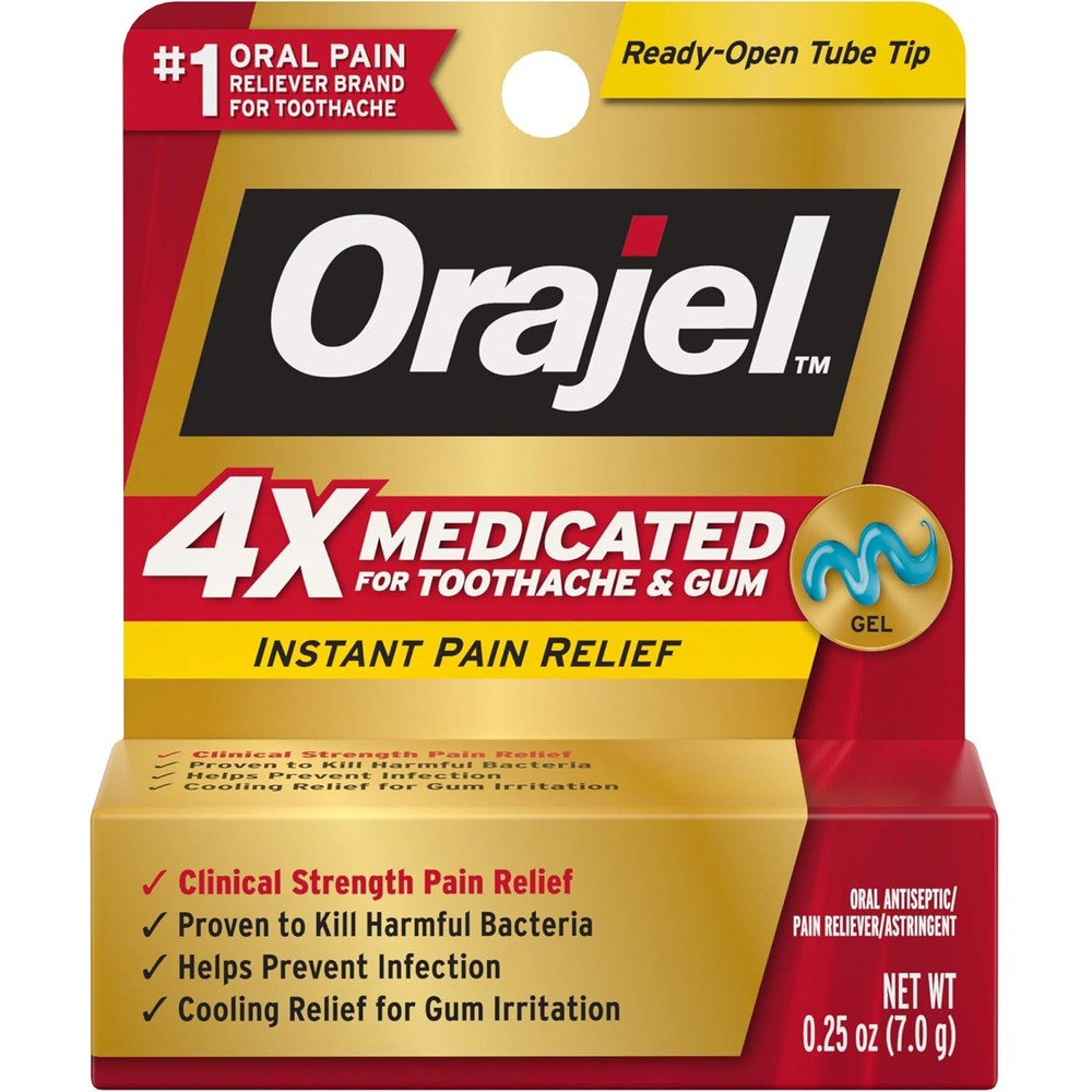 Orajel 4X Medicated Toothache Gel front packaging for severe pain relief.
