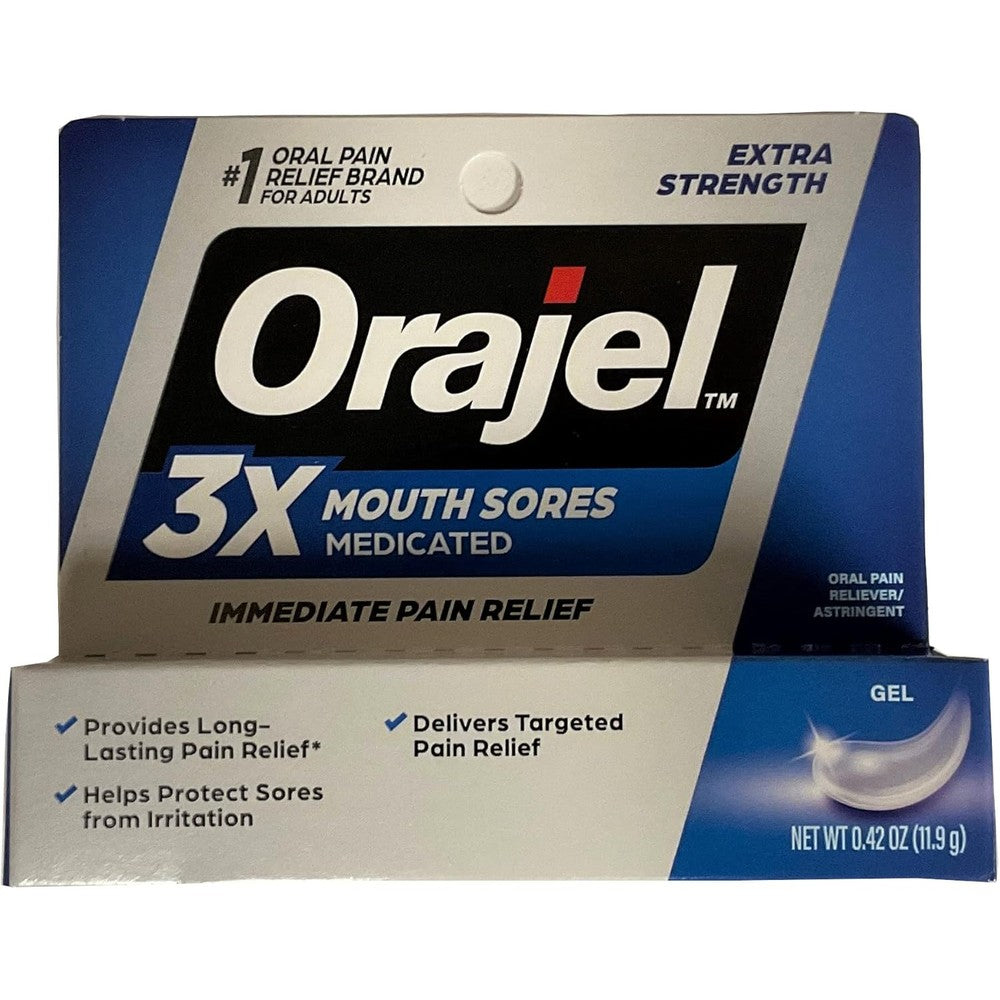 Orajel maximum strength oral pain reliever gel for mouth sores front packaging view