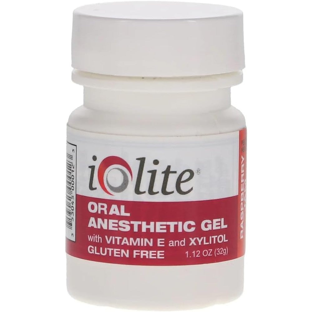 IOLITE Oral Topical Gel front view jar of strawberry shortcake flavored mouth numbing medicine
