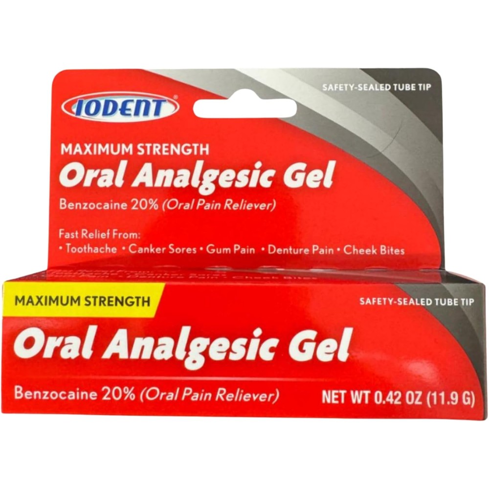 Iodent Maximum Strength Oral Analgesic Gel 0.42 ounce tube front view for fast toothache relief.