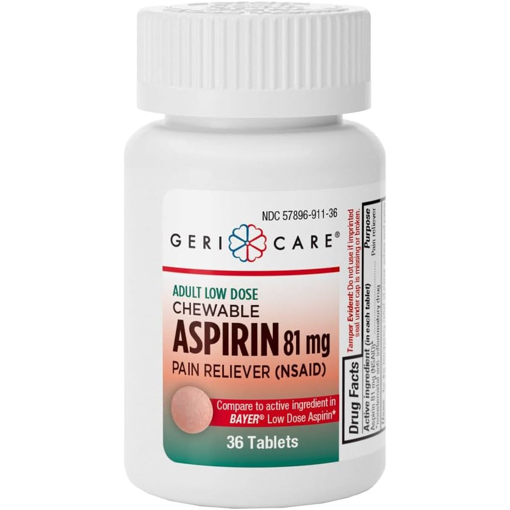 GeriCare Low Dose Adult Chewable Aspirin 81mg bottle front view authentic USA import.