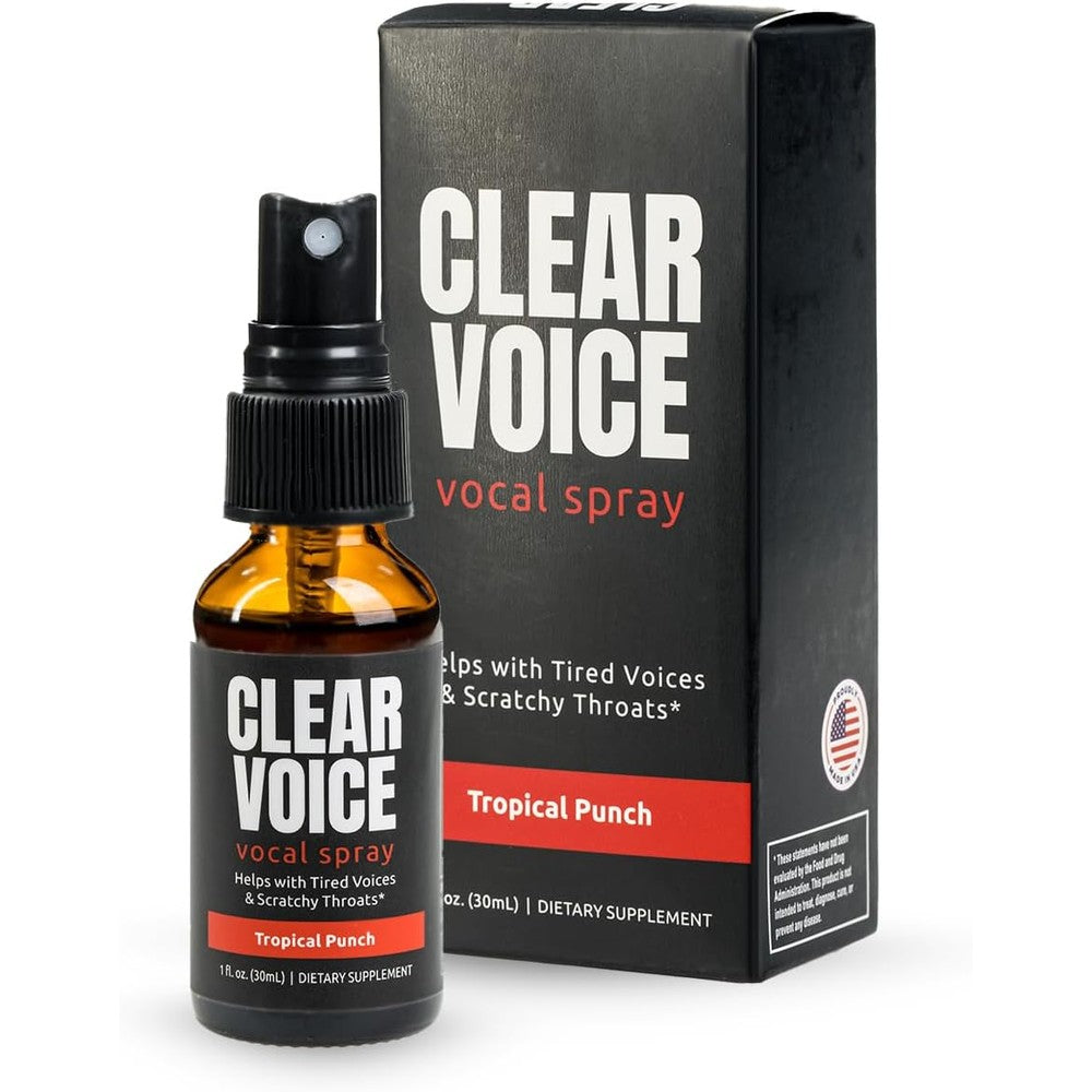 LiquidHealth Clear Voice Vocal Throat Spray front view of the one fluid ounce bottle