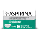 Bayer Aspirina 500mg 50 Coated Caplets front view packaging for fast headache relief