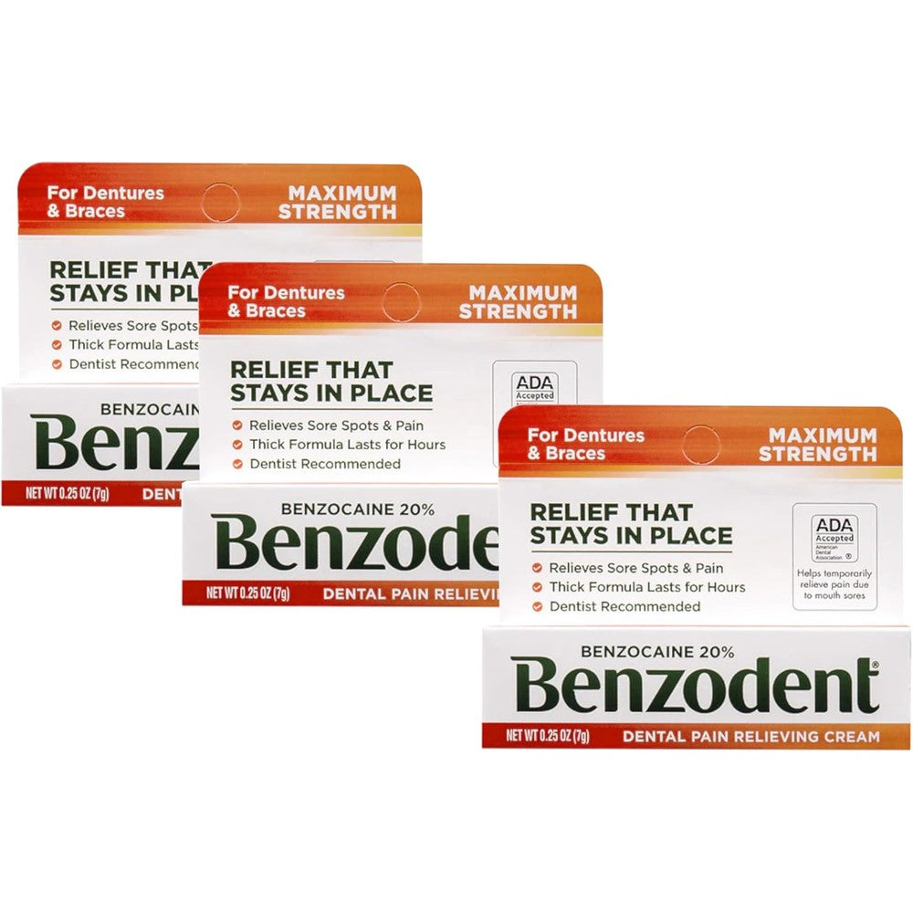 Benzodent Dental Pain Relieving Cream pack of three front packaging.