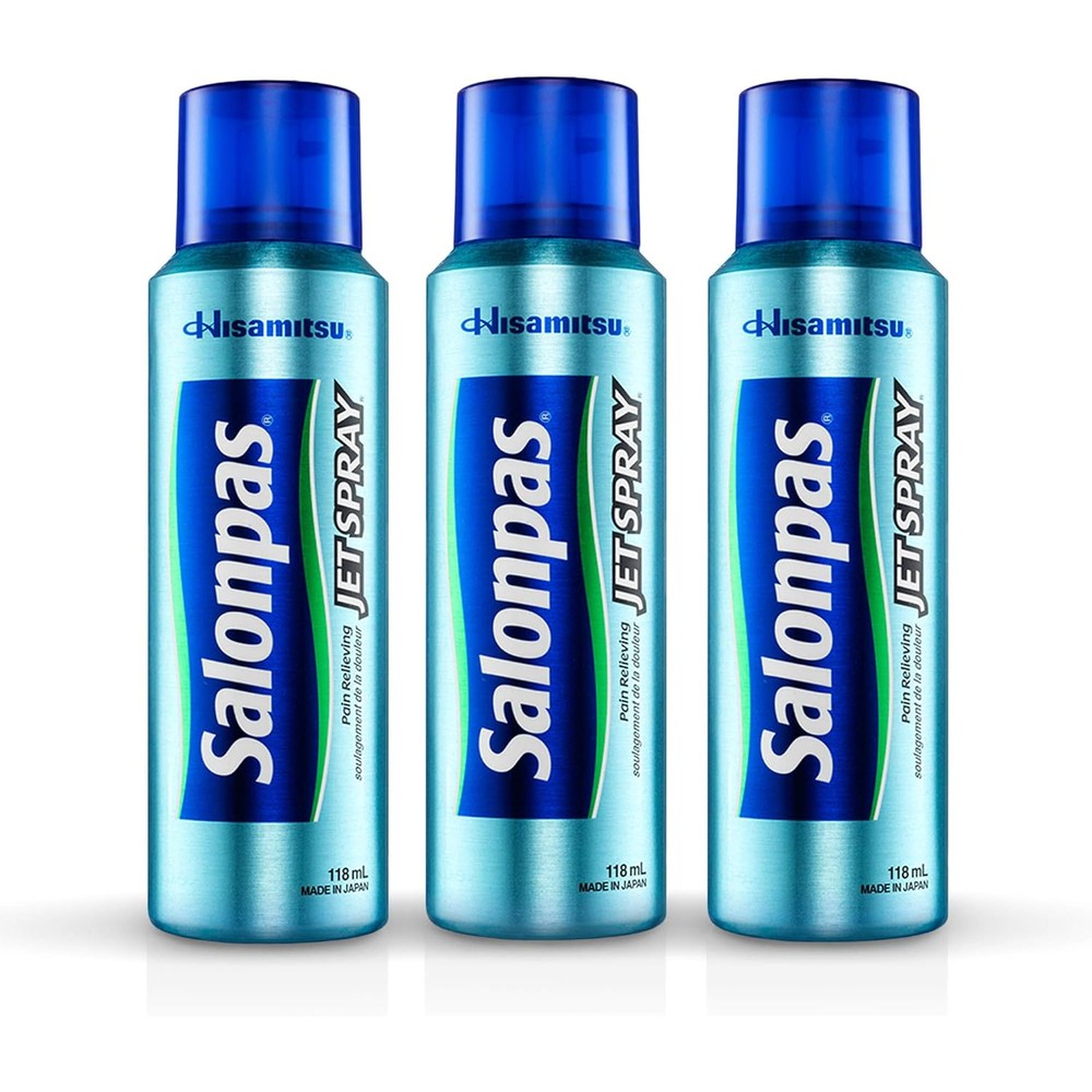 Salonpas Pain Relieving Jet Spray Pack of 3 front view showing topical analgesic labels.