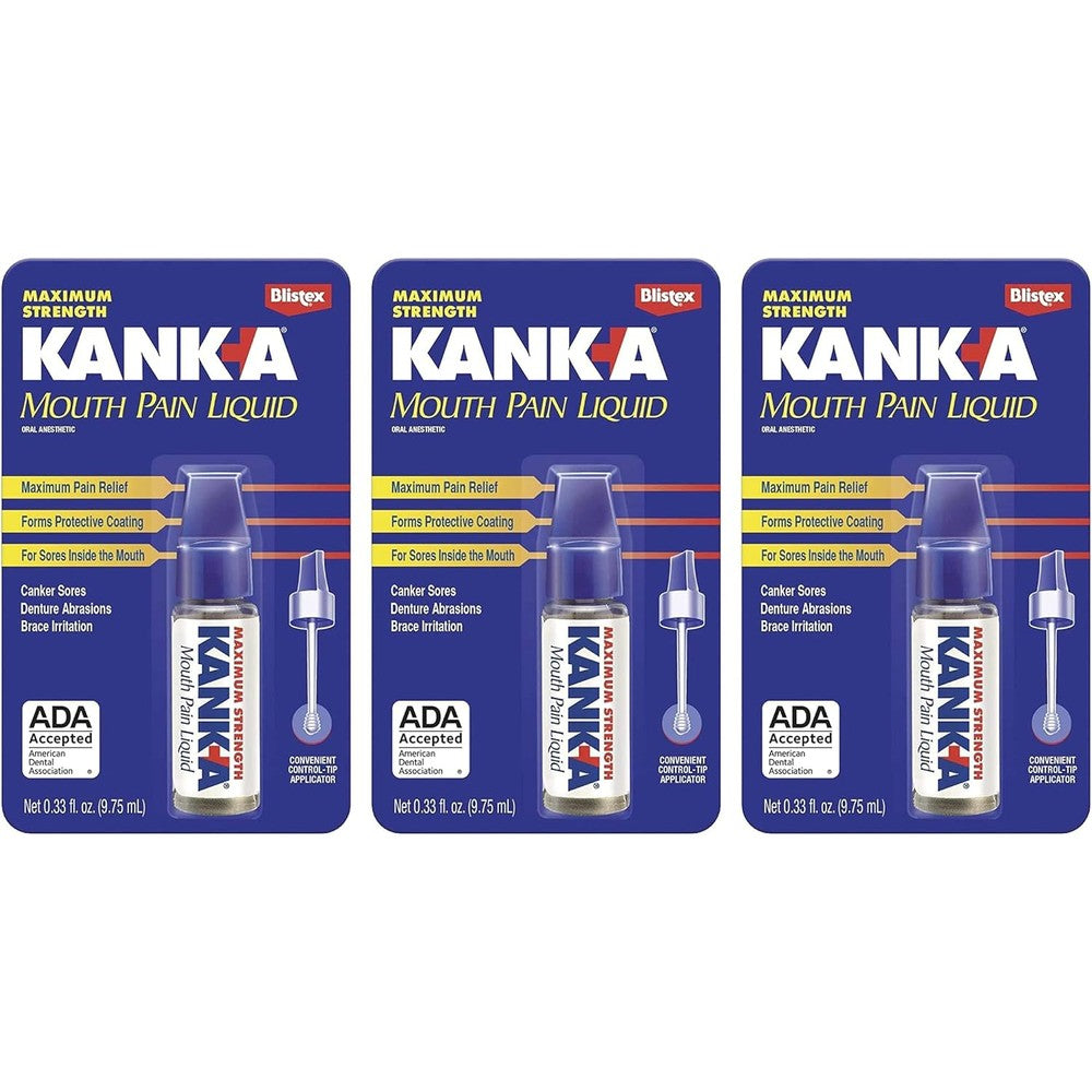 Blistex Kank-A Mouth Pain Liquid 3-pack front view for canker sore relief.