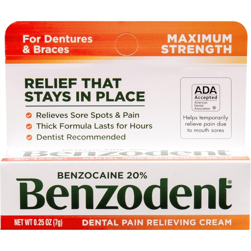 Benzodent Maximum Strength Dental Cream front packaging for oral pain relief.