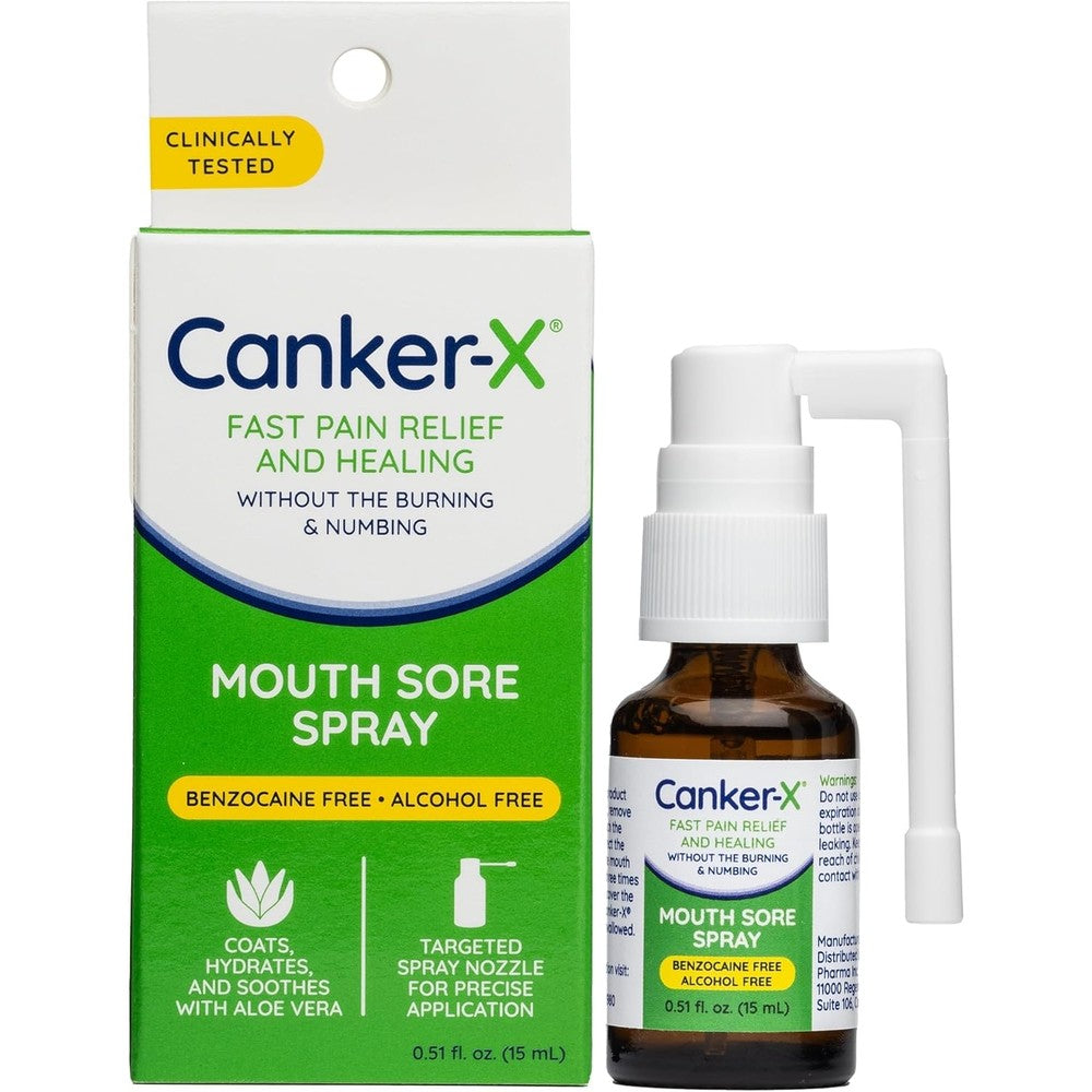 Canker-X Mouth Sore Spray front view showcasing the packaging for benzocaine free mouth ulcer relief