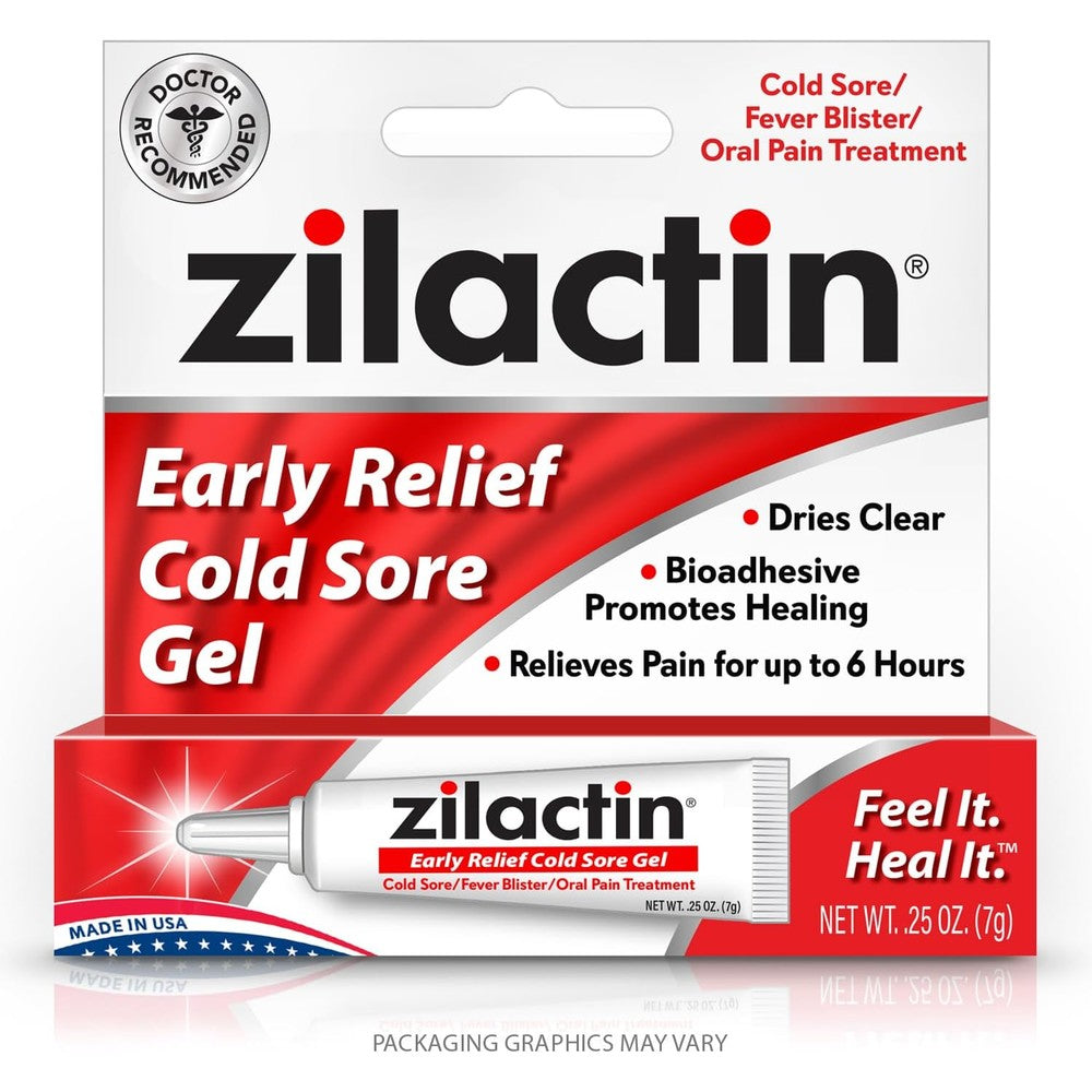 Zilactin Early Relief Cold Sore Treatment medicated gel front packaging view