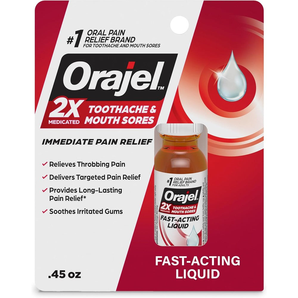 Orajel 2X Medicated Toothache and Mouth Sores Liquid front view for oral pain relief.