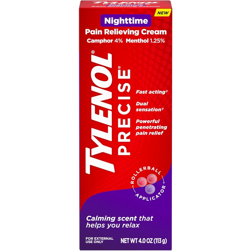 Tylenol Precise Nighttime Pain Relieving Cream front view packaging showcasing 4 ounce tube