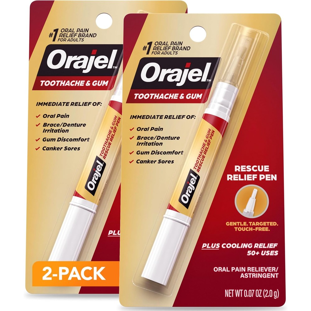 Orajel Rescue Relief Pen front packaging showing the two pack oral pain reliever.