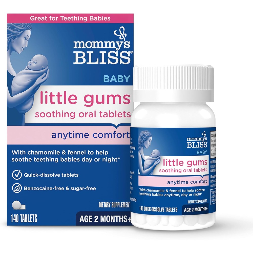 Mommy's Bliss Little Gums Soothing Oral Tablets front bottle view for teething baby relief