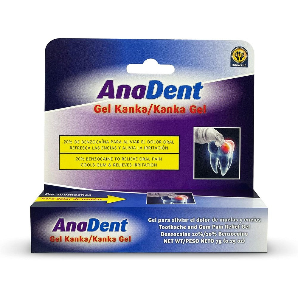 Anadent Toothache Gel front view showing packaging details for oral pain relief