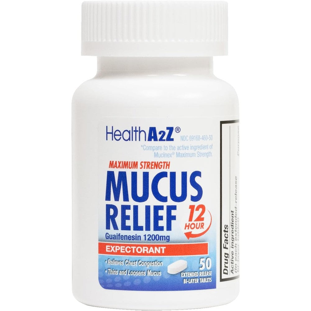 HealthA2Z Mucus Relief Guaifenesin 1200 mg front bottle view chest congestion expectorant tablets