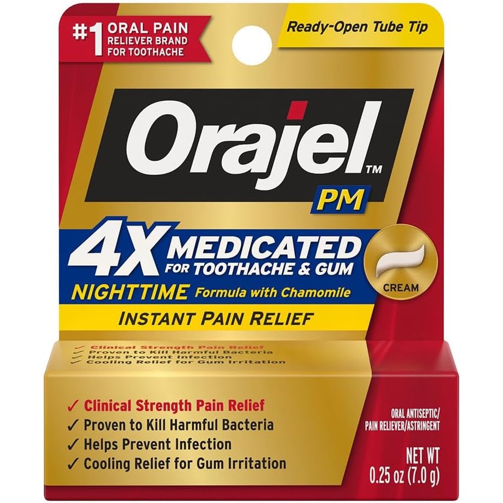 Orajel Maximum Strength Nighttime Toothache Pain Relief Cream front packaging showing 4X medicated action.