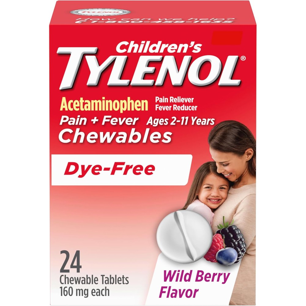 Tylenol Children's Dye-Free Chewables front packaging showing wild berry flavor