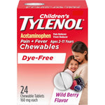 Tylenol Children's Dye-Free Chewables front packaging showing wild berry flavor