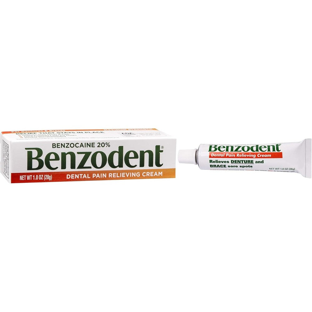 Benzodent Maximum Strength Dental Pain Relieving Cream front packaging for denture relief