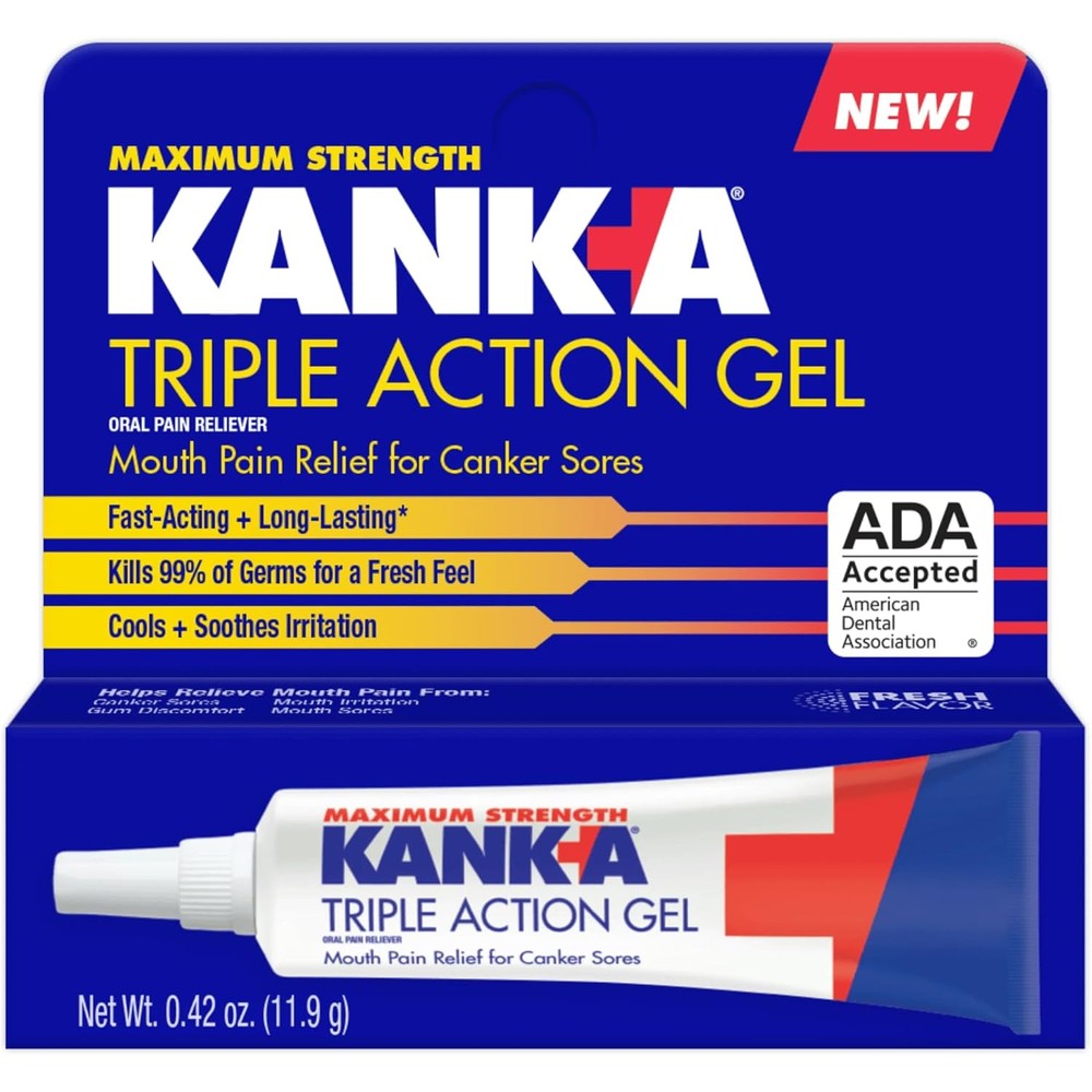 Kank-A Triple Action Maximum Strength Gel box front packaging for canker sore pain relief.
