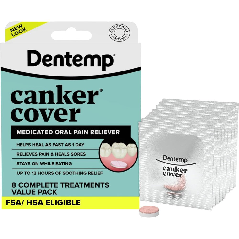 Dentemp Canker Cover oral pain reliever 8 count box front view