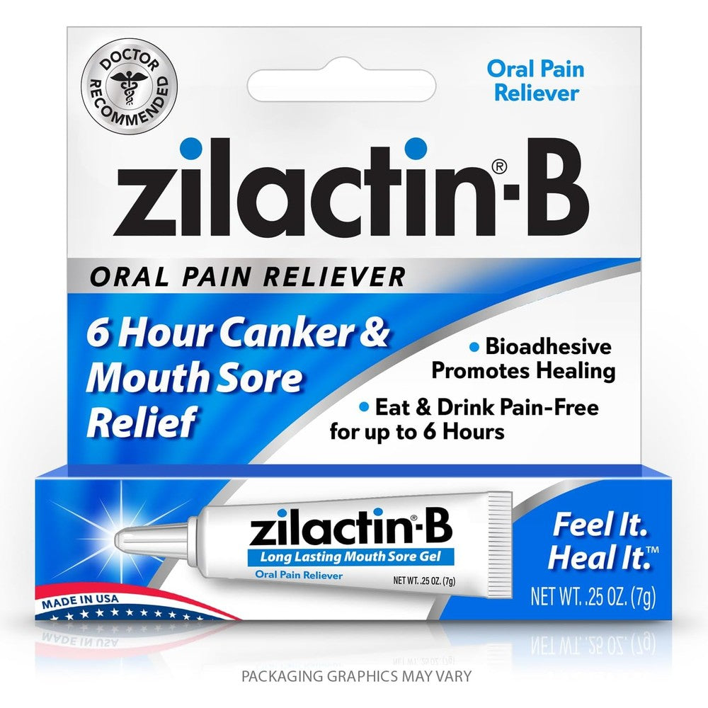 Zilactin-B Fast Acting Canker Sore Treatment Gel front view packaging for oral pain relief.