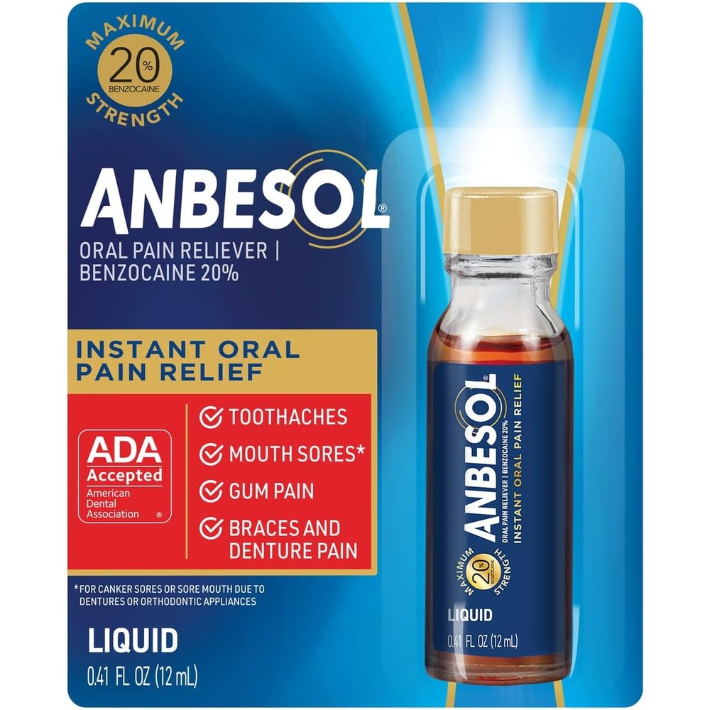 Anbesol Maximum Strength Liquid front view bottle for instant oral pain relief