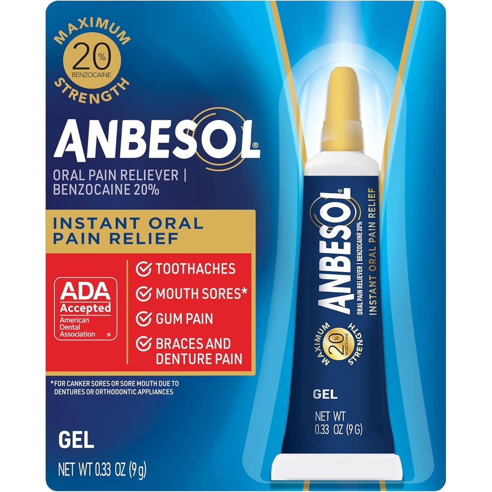 Anbesol Maximum Strength Gel 0.33 Ounce tube front view for oral pain relief