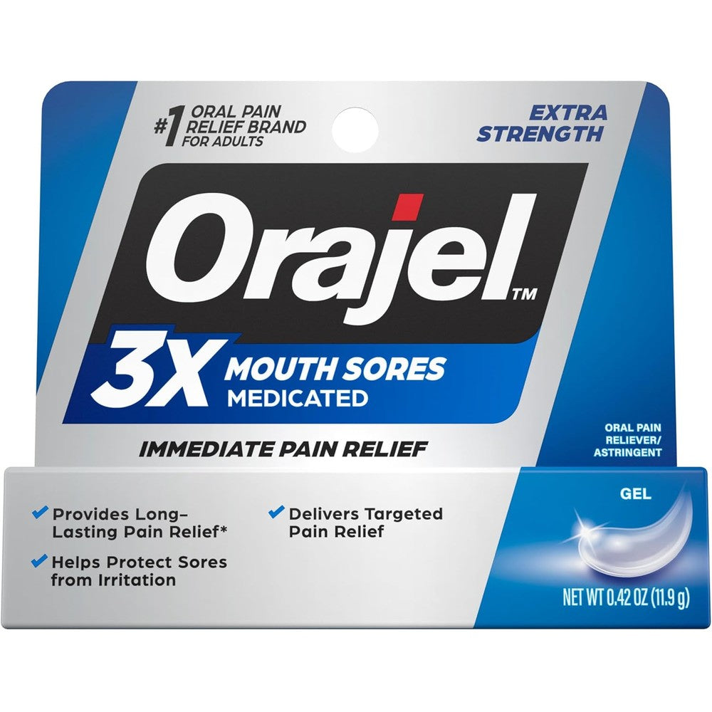Orajel 3X for Mouth Sores Maximum Strength Gel tube front view for instant canker sore relief
