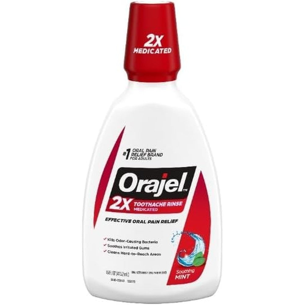 Orajel Double Medicated Toothache Rinse bottle front view for oral pain relief.