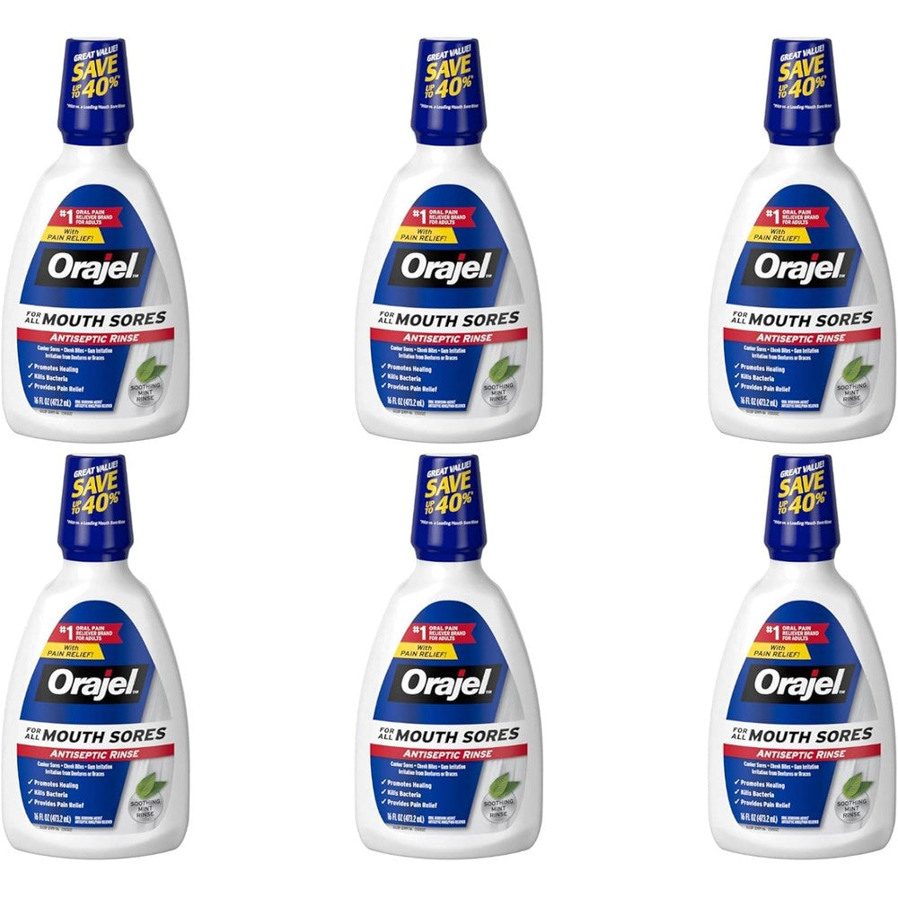 Orajel Antiseptic Mouth Sore Rinse 16 ounce bottle front view for oral healing.