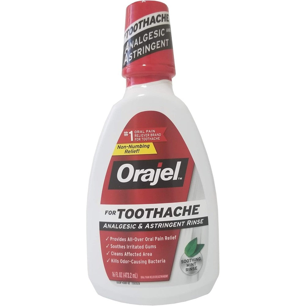 Orajel Soothing Mint Double Medicated Toothache Rinse bottle front view for oral pain relief.
